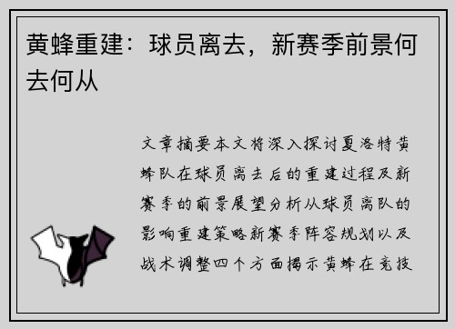 黄蜂重建：球员离去，新赛季前景何去何从