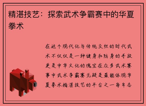 精湛技艺：探索武术争霸赛中的华夏拳术