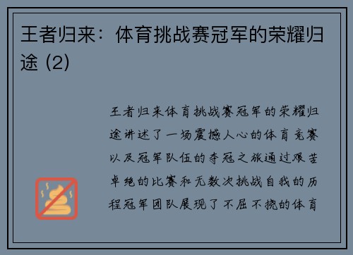 王者归来：体育挑战赛冠军的荣耀归途 (2)